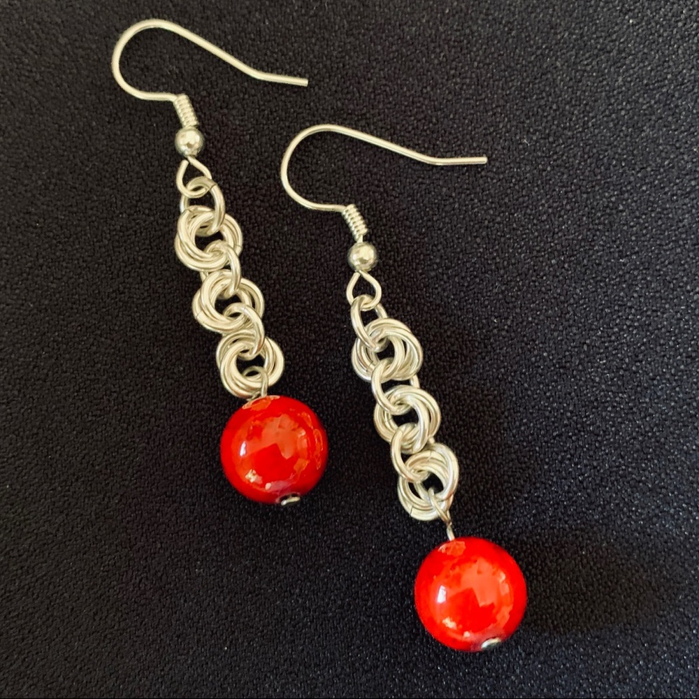 Sterling silver and red stone chain mail earrings